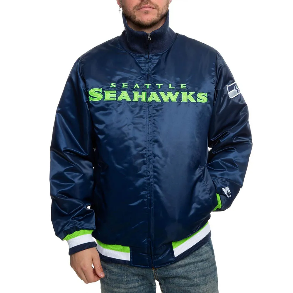 Seattle Seahawks Neon Embroidery Varsity Navy Satin Jacket Seattle Seahawks Neon Embroidery Varsity Navy Satin Jacket