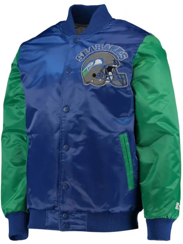 Seattle Seahawks Throwback Blue and Green Varsity Satin Jacket