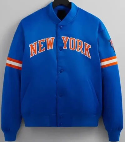 Striped Ny Knicks Bomber Blue Satin Jacket