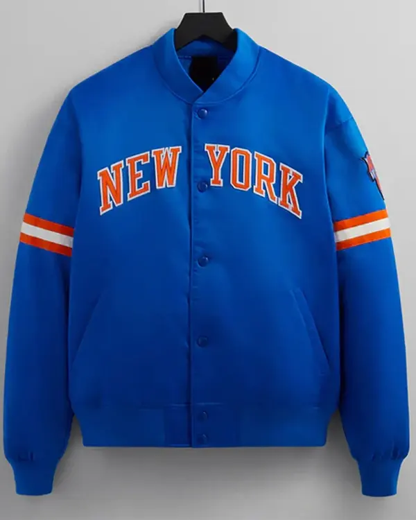 Striped Ny Knicks Bomber Blue Satin Jacket