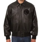 T-Wolves Bomber Shirt Collar Black Leather Jacket