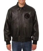 T-Wolves Bomber Shirt Collar Black Leather Jacket
