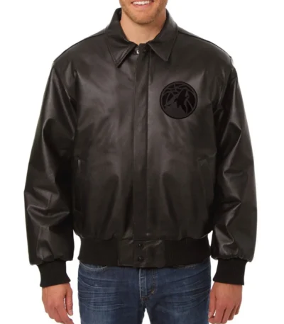 T-Wolves Bomber Shirt Collar Black Leather Jacket