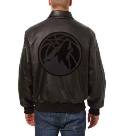 T-Wolves Bomber Shirt Collar Black Leather Jacket