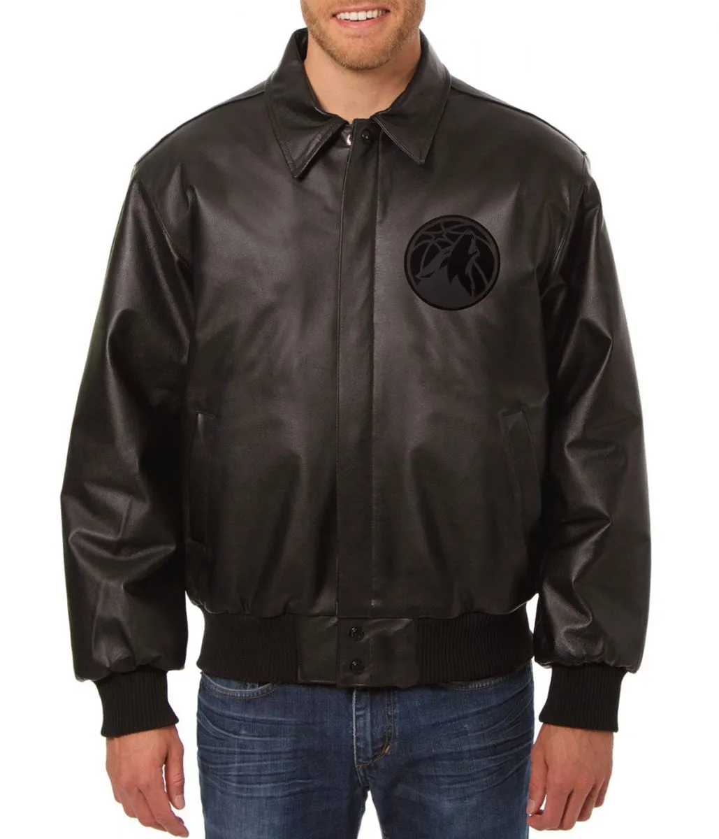 T-Wolves Bomber Shirt Collar Black Leather Jacket T-Wolves Bomber Shirt Collar Black Leather Jacket