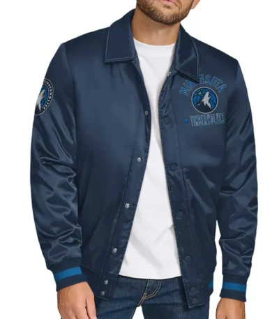T-Wolves Stitch Applique Navy Satin Jacket