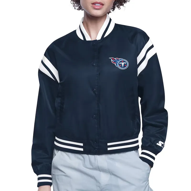 Tennessee Titans Printed Logo Varsity Satin Jacket Tennessee Titans Printed Logo Varsity Satin Jacket
