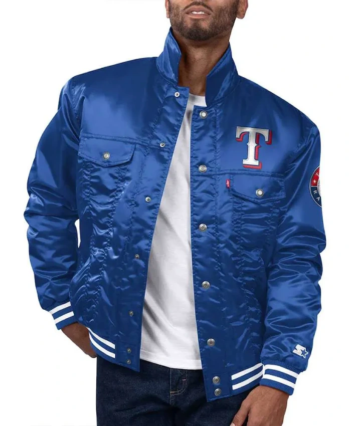 Texas Rangers Royal Silver Tab Satin Trucker Jacket Texas Rangers Royal Silver Tab Satin Trucker Jacket