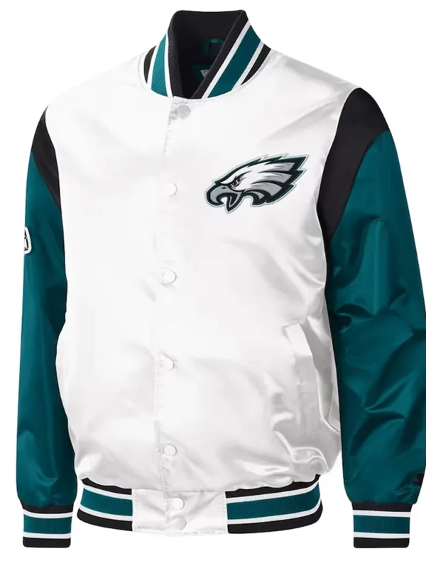 Throwback Warm Up Pitch Philadelphia Eagles Varsity Satin Jacket