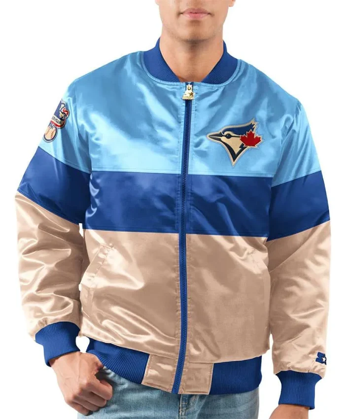 Toronto Blue Jays Powder Blue/Gold Tri-Color Satin Jacket Toronto Blue Jays Powder Blue/Gold Tri-Color Satin Jacket