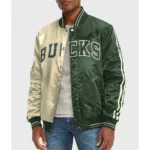Varsity Milwaukee Bucks Off White And Green Satin Jacket