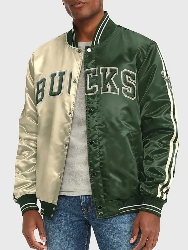 Varsity Milwaukee Bucks Off White And Green Satin Jacket