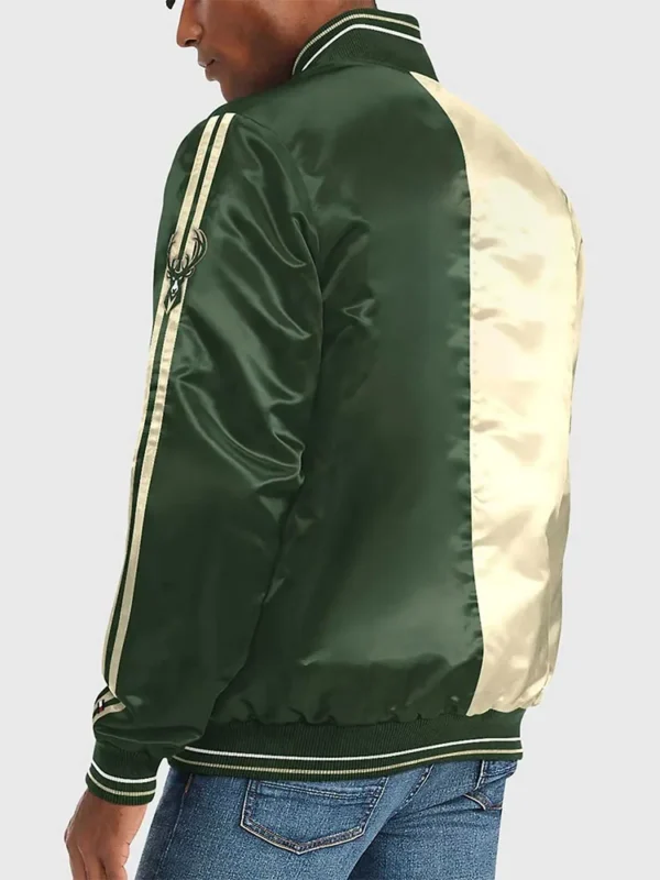 Varsity Milwaukee Bucks Off White And Green Satin Jacket