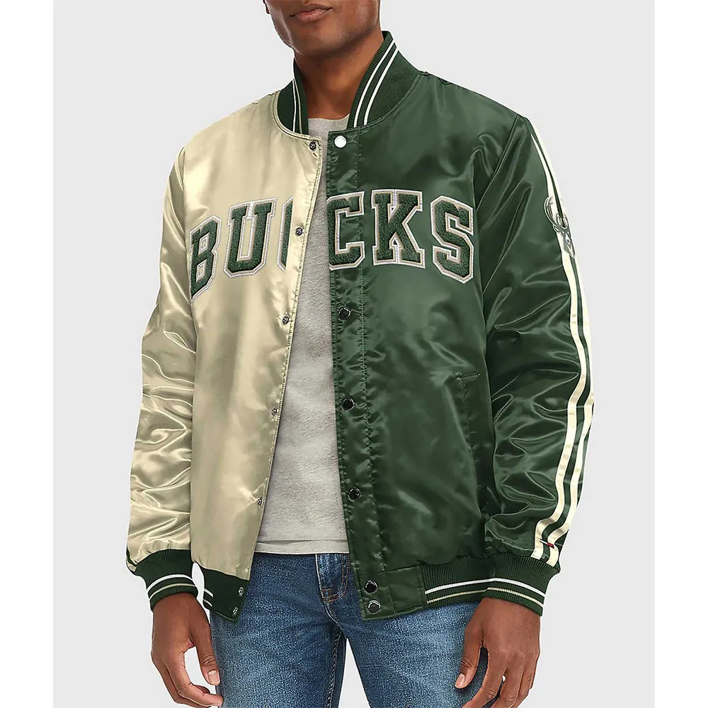 Varsity Milwaukee Bucks Off White And Green Satin Jacket Varsity Milwaukee Bucks Off White And Green Satin Jacket