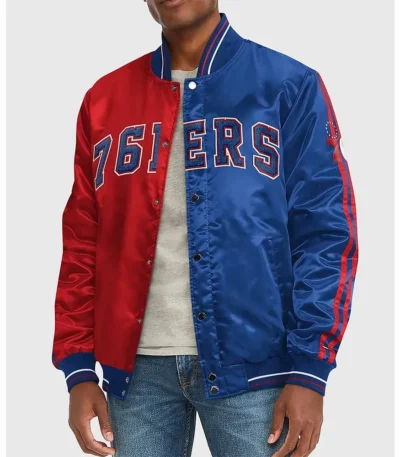 Varsity Philadelphia 76ers Blue and Red Satin Jacket