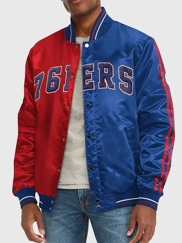 Varsity Philadelphia 76ers Blue and Red Satin Jacket
