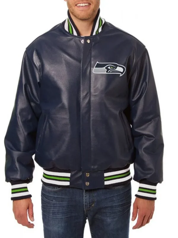 Varsity Seattle Seahawks Navy Blue Leather Jacket