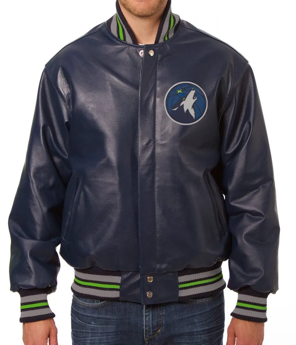 Varsity T-Wolves Navy Blue Leather Jacket Varsity T-Wolves Navy Blue Leather Jacket