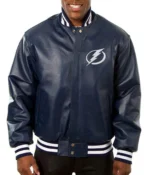 Varsity Tampa Bay Lightning Navy Blue Leather Jacket
