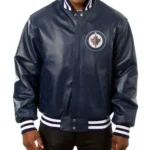 Varsity Winnipeg Jets Navy Blue Leather Jacket