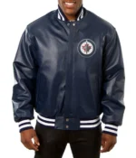 Varsity Winnipeg Jets Navy Blue Leather Jacket