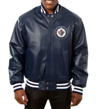 Varsity Winnipeg Jets Navy Blue Leather Jacket