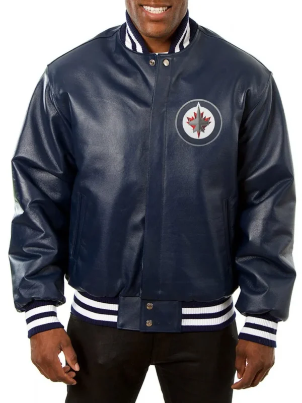 Varsity Winnipeg Jets Navy Blue Leather Jacket