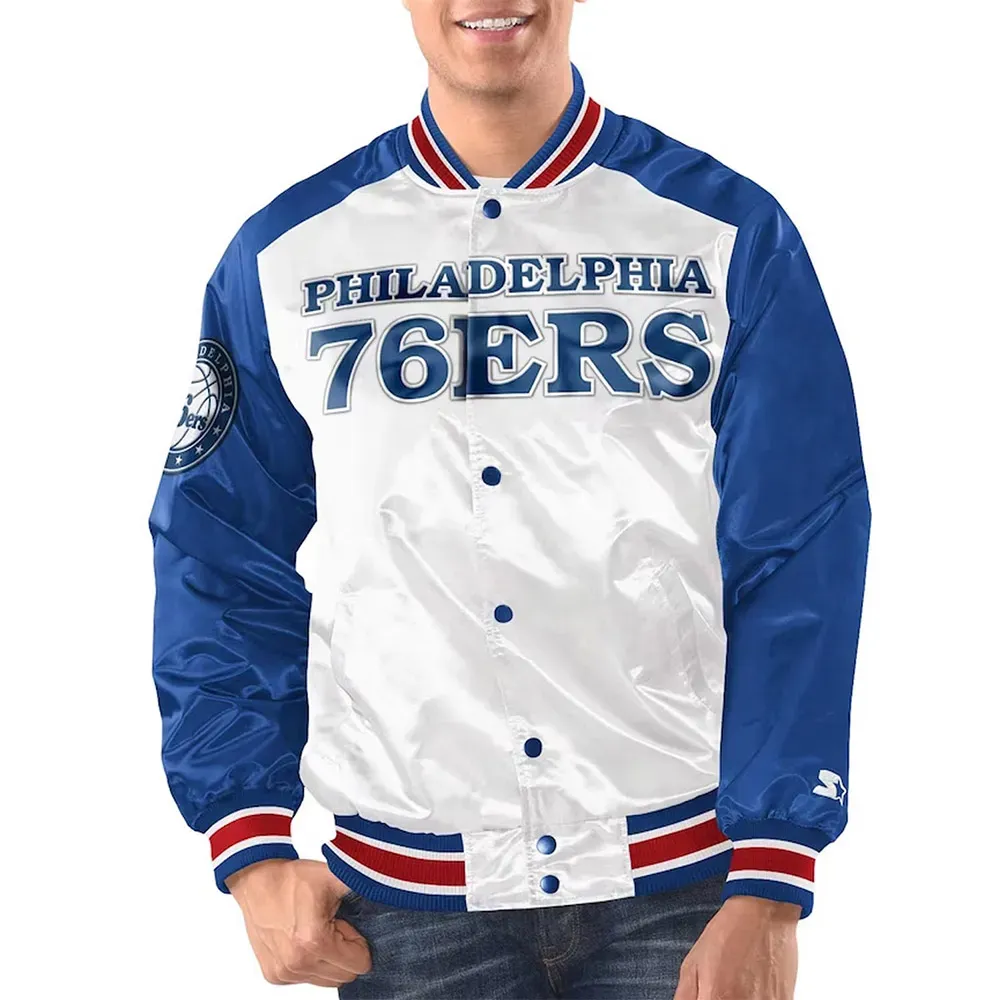 White/Royal Philadelphia 76ers Renegade Varsity Satin Jacket White/Royal Philadelphia 76ers Renegade Varsity Satin Jacket