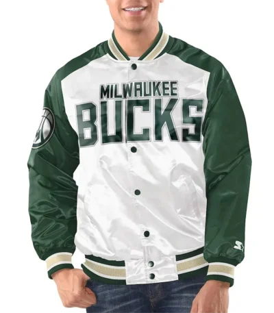 White/hunter Green Milwaukee Bucks Renegade Varsity Satin Jacket