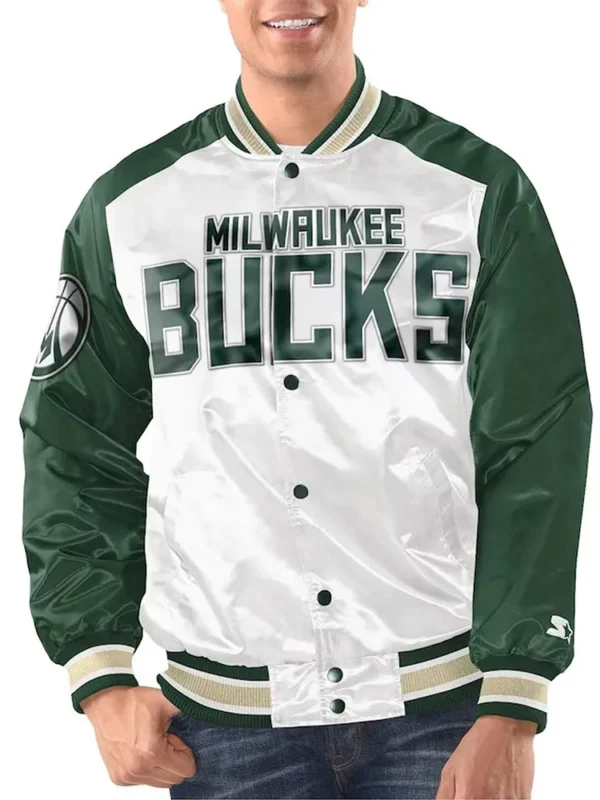 White/hunter Green Milwaukee Bucks Renegade Varsity Satin Jacket