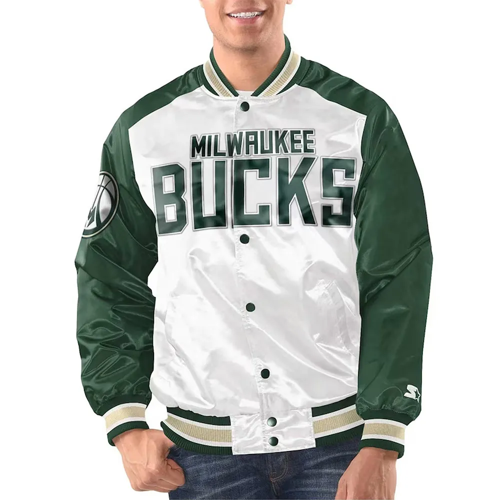 White/hunter Green Milwaukee Bucks Renegade Varsity Satin Jacket White/hunter Green Milwaukee Bucks Renegade Varsity Satin Jacket