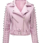 William Women Pink Spike Skeleton Studs Real Leather Jacket