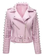 William Women Pink Spike Skeleton Studs Real Leather Jacket