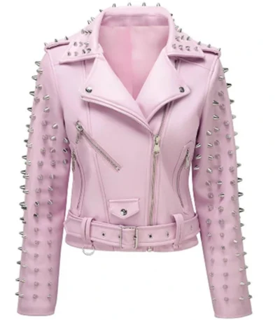 William Women Pink Spike Skeleton Studs Real Leather Jacket