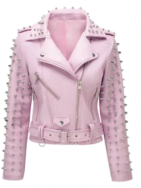William Women Pink Spike Skeleton Studs Real Leather Jacket