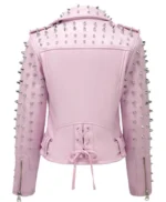 William Women Pink Spike Skeleton Studs Real Leather Jacket
