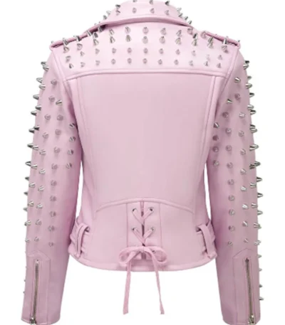 William Women Pink Spike Skeleton Studs Real Leather Jacket