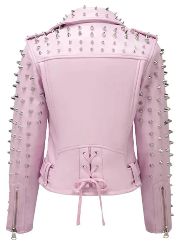 William Women Pink Spike Skeleton Studs Real Leather Jacket