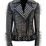Women Black Biker With Lapel Collar Round Cap Studded Leather Jacket