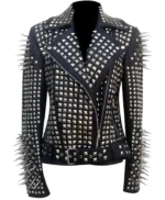Women Black Biker With Lapel Collar Round Cap Studded Leather Jacket