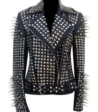 Women Black Biker With Lapel Collar Round Cap Studded Leather Jacket