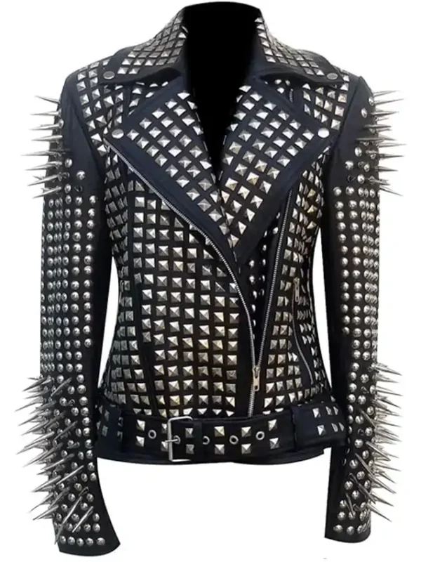 Women Black Biker With Lapel Collar Round Cap Studded Leather Jacket