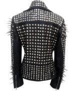 Women Black Biker With Lapel Collar Round Cap Studded Leather Jacket