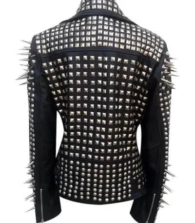 Women Black Biker With Lapel Collar Round Cap Studded Leather Jacket