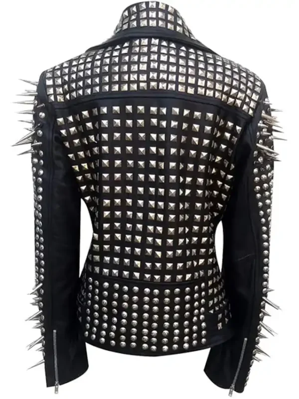 Women Black Biker With Lapel Collar Round Cap Studded Leather Jacket