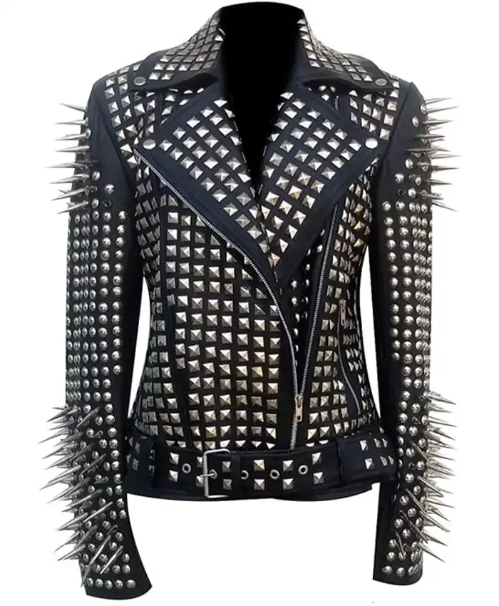 Women Black Biker With Lapel Collar Round Cap Studded Leather Jacket Women Black Biker With Lapel Collar Round Cap Studded Leather Jacket