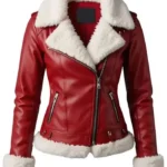 Women Merry Christmas Red Shearling Leather Jacket