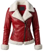 Women Merry Christmas Red Shearling Leather Jacket