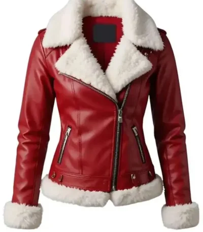 Women Merry Christmas Red Shearling Leather Jacket