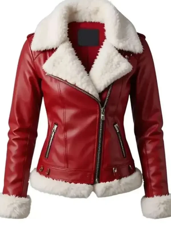 Women Merry Christmas Red Shearling Leather Jacket